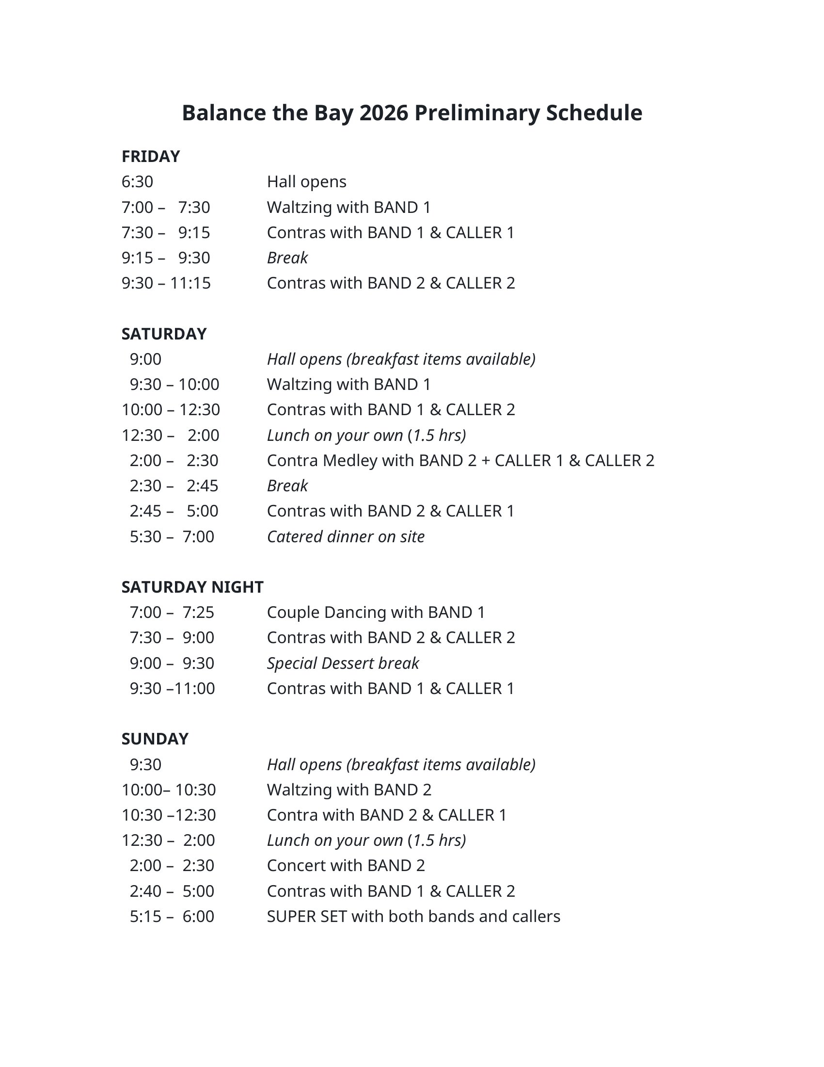 Balance the Bay 2026 schedule